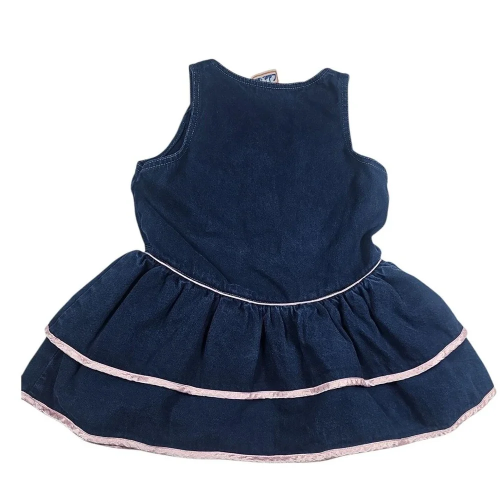 Calabash Denim Dress‎ Vintage Pink Trim Bows Sleeveless Girl's Size 5
